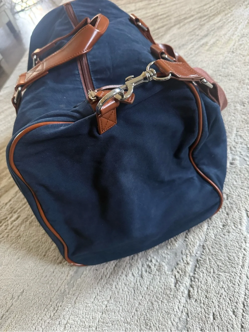 Peter Millar Navy Blue Duffel Bag Crown Seal Canvas Disney Cruise Brown Accents